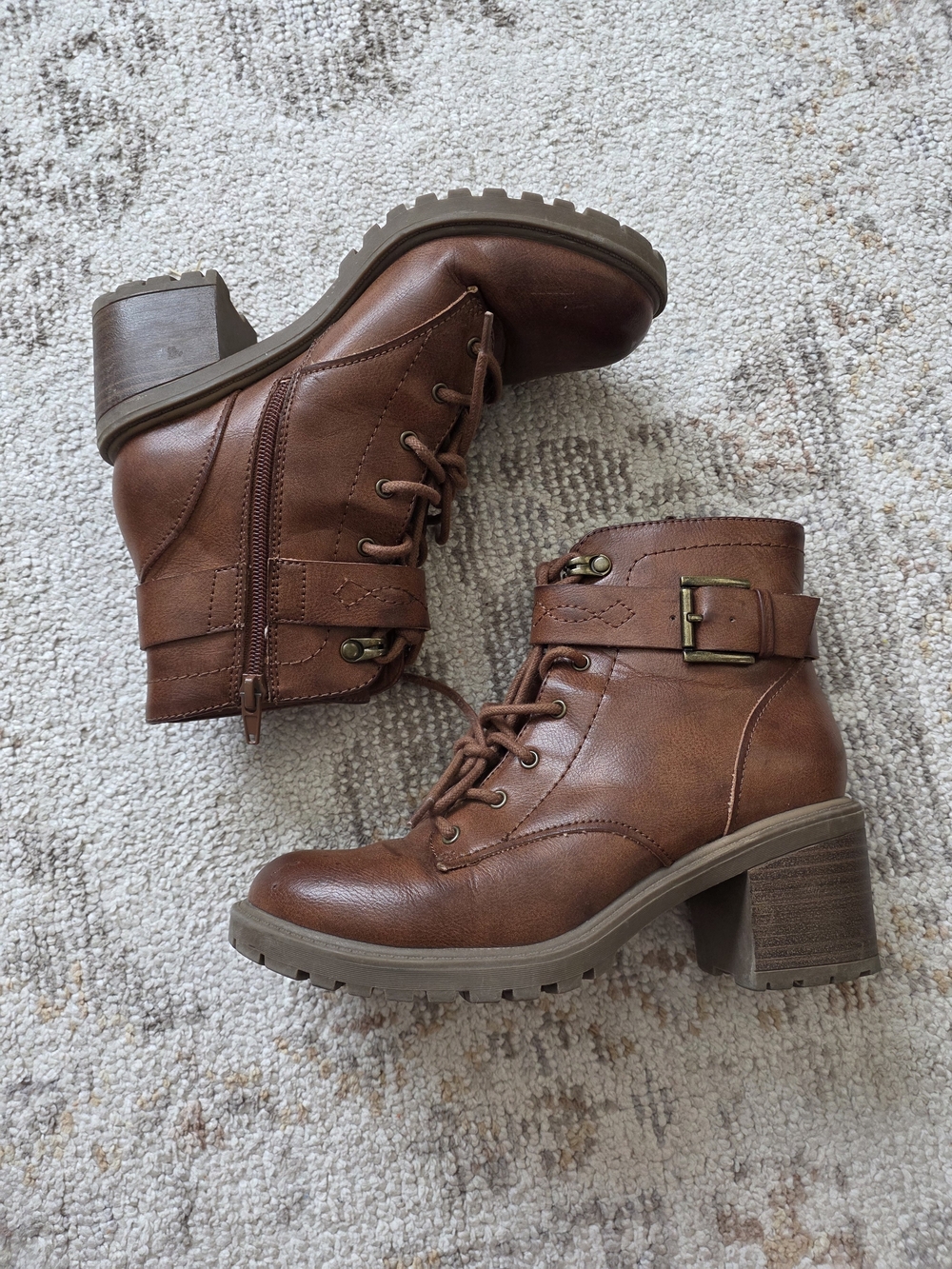 FRYE AND CO. Cognac Lace-Up Buckle Block Heel Ankle Boots
